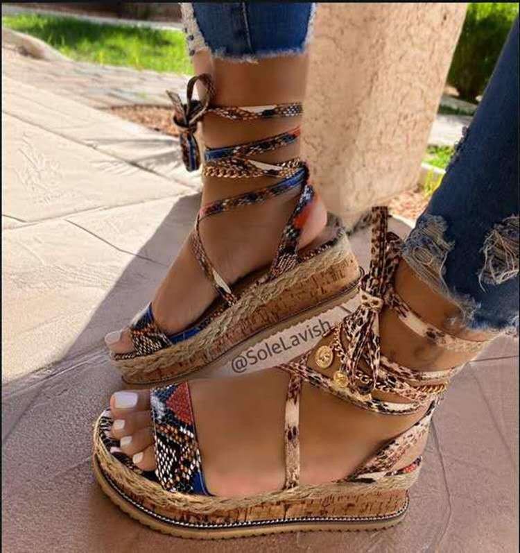 (image for) Flat espadrille-style sandal with wraparound ankle laces