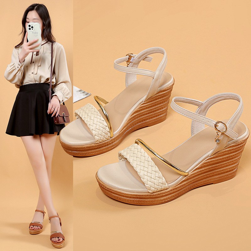 (image for) Wedge sandal with braided strap and buckle ankle strap