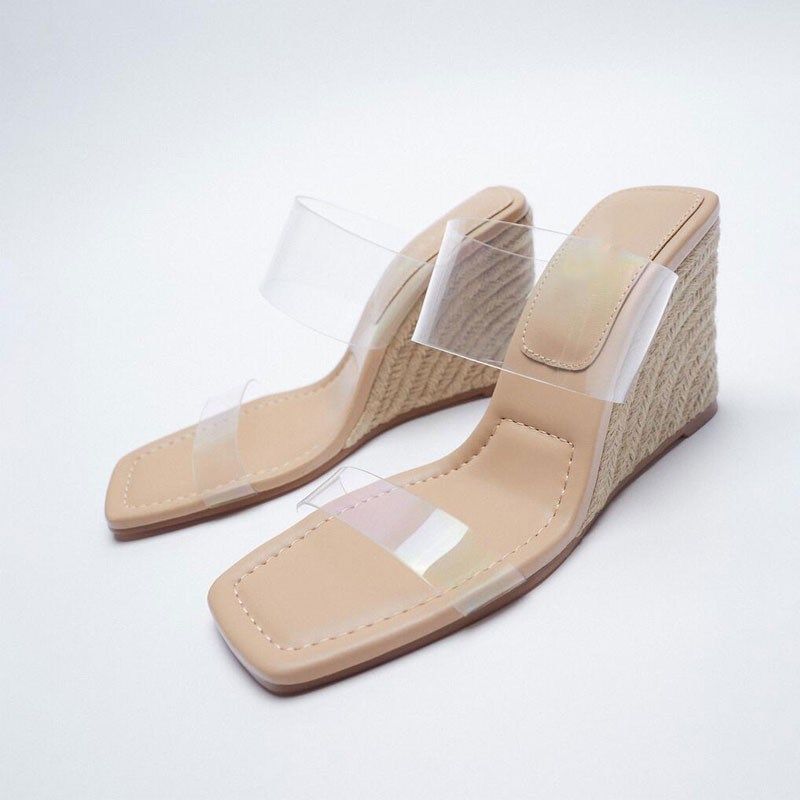 (imagen de) Sandalia mule de cuña en yute con tiras transparentes y punta cuadrada