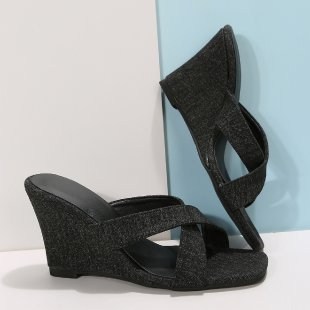 (image for) Crisscross wedge slide in denim-look textile