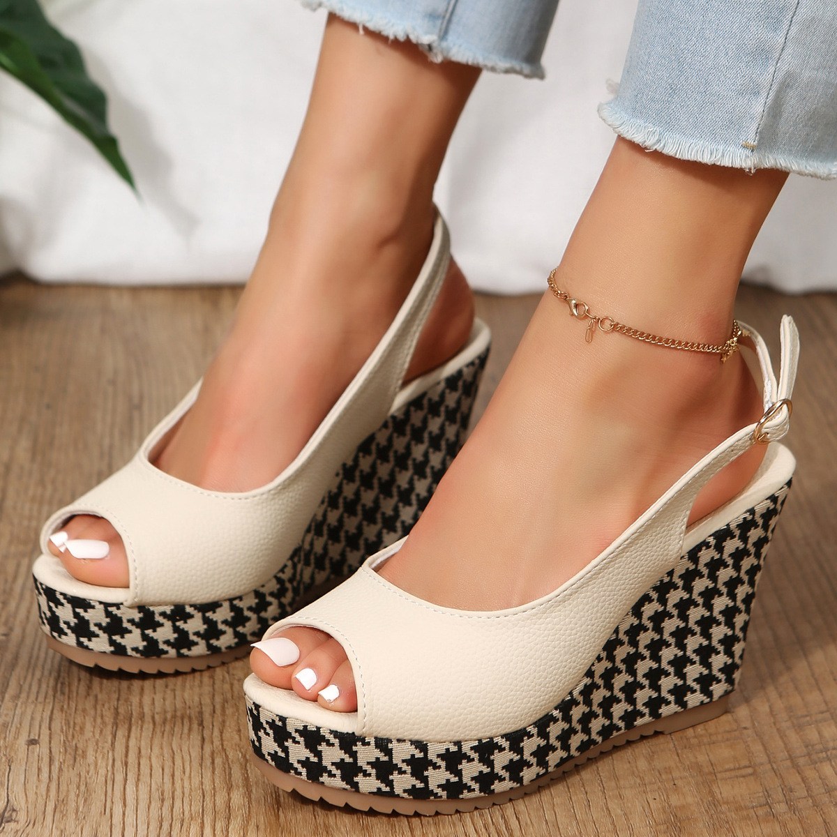 (image for) Slingback peep‑toe wedge with bold houndstooth platform