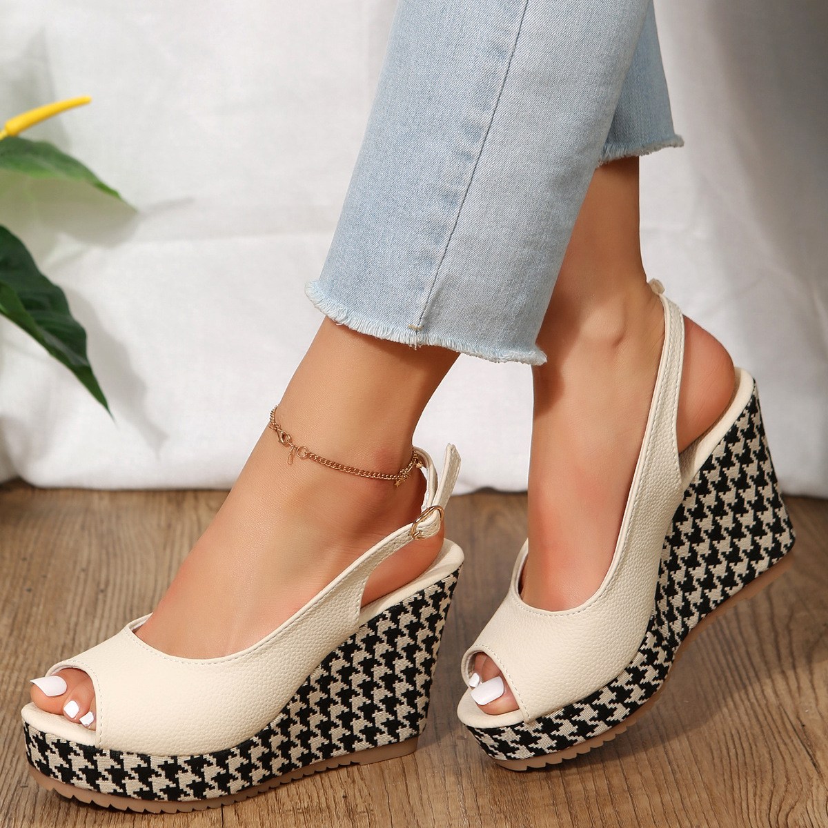 (image for) Slingback peep‑toe wedge with bold houndstooth platform