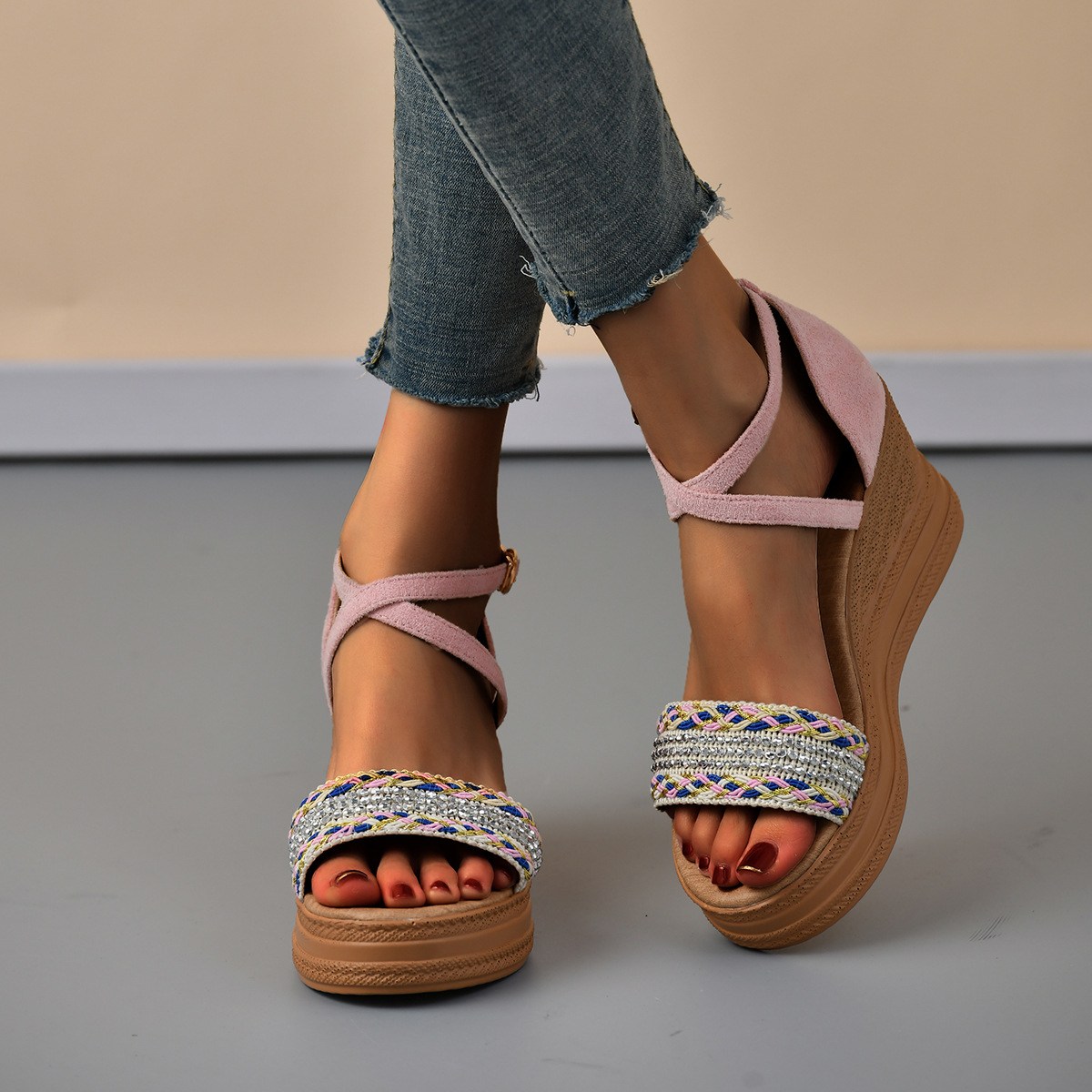 (image for) Woven-band wedge sandal with cross ankle straps