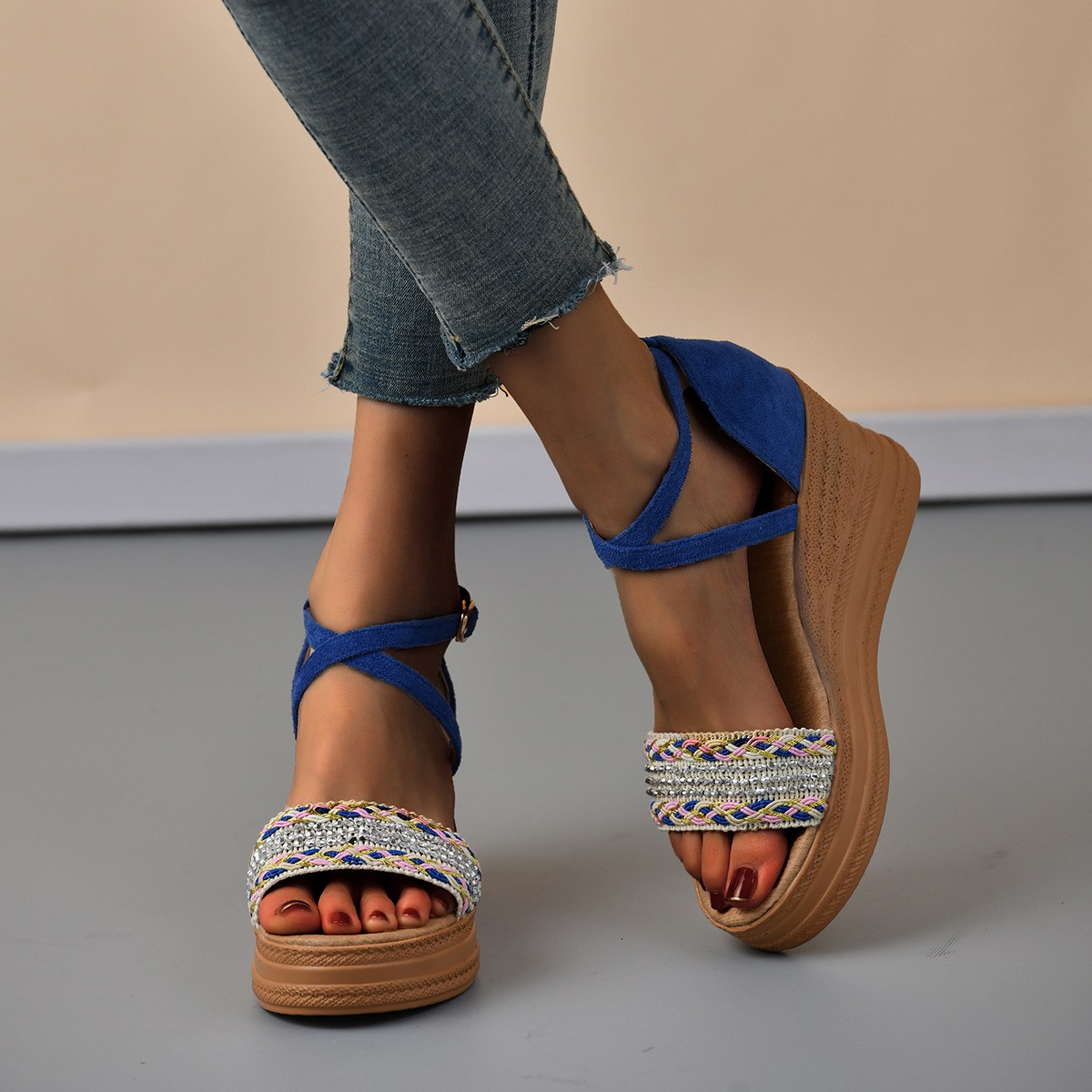 (image for) Woven-band wedge sandal with cross ankle straps