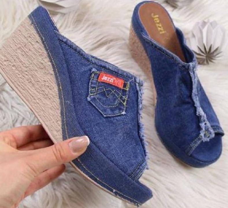 (image for) Denim wedge mule with pocket detail