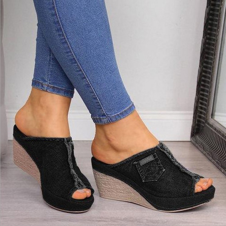 (image for) Denim wedge mule with pocket detail