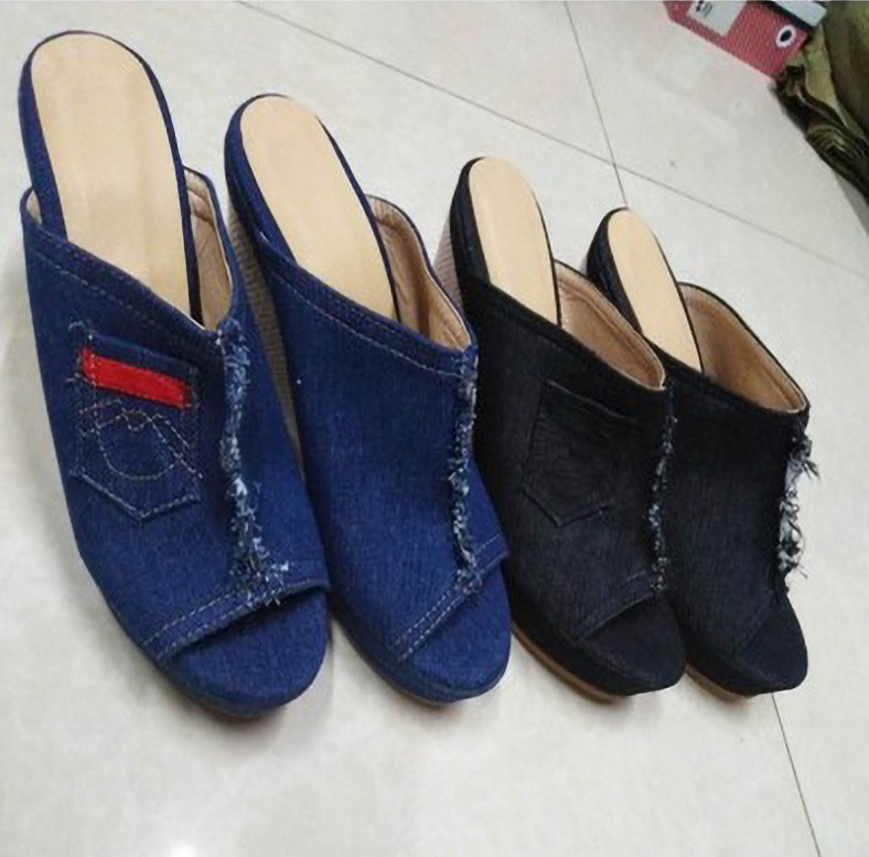(image for) Denim wedge mule with pocket detail