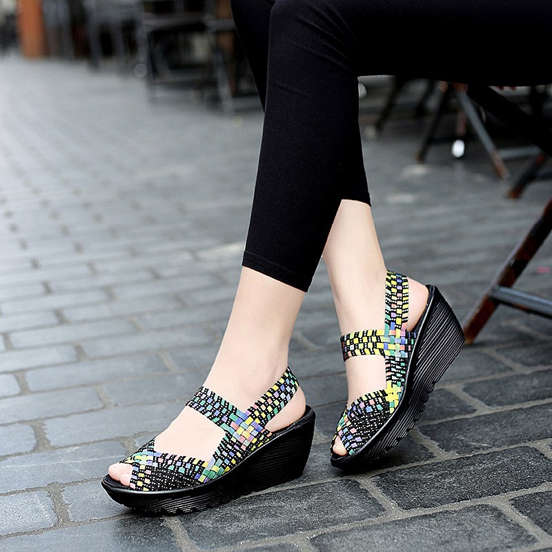 (image for) Woven elastic wedge sandal with slingback