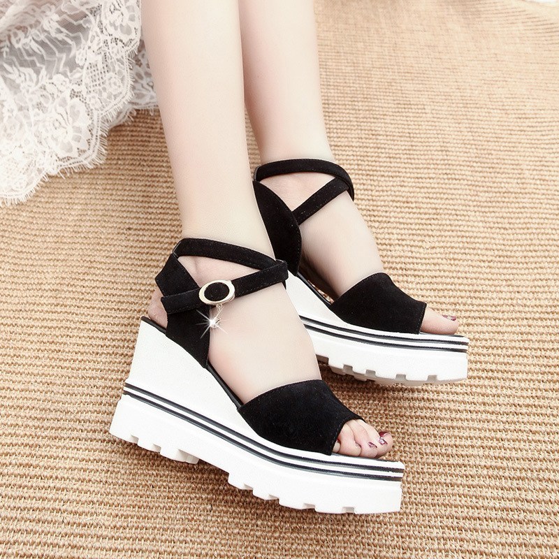 (image for) Chunky wedge platform sandal with cross-ankle straps