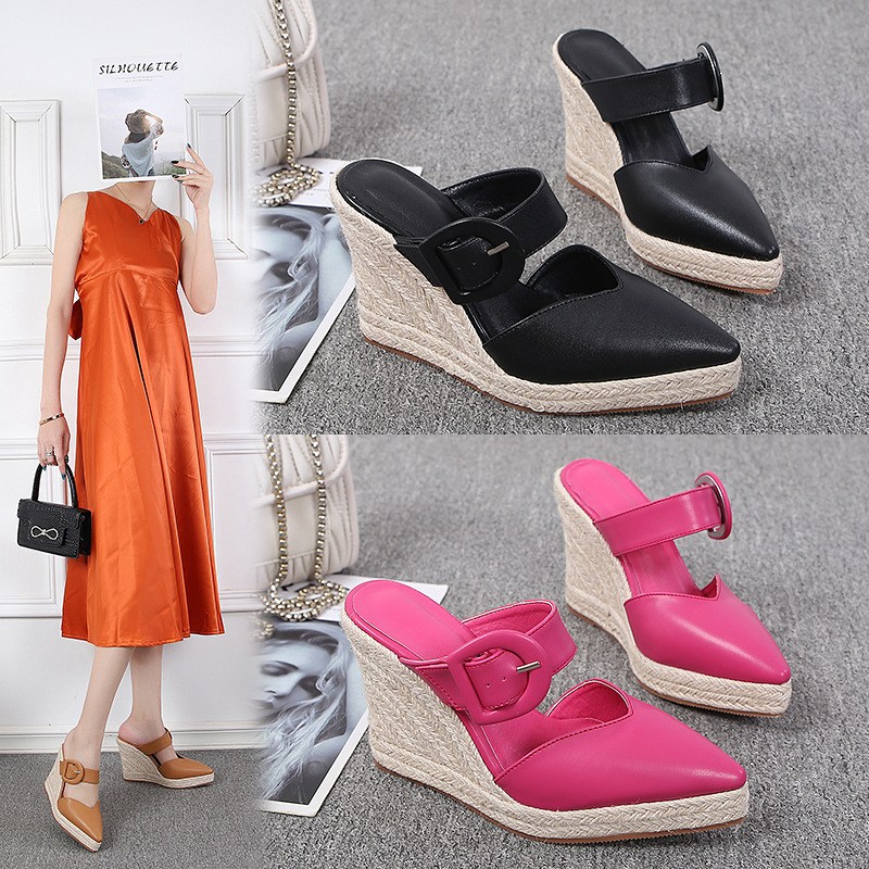 (image for) Pointed-toe espadrille wedge mule with bold buckle