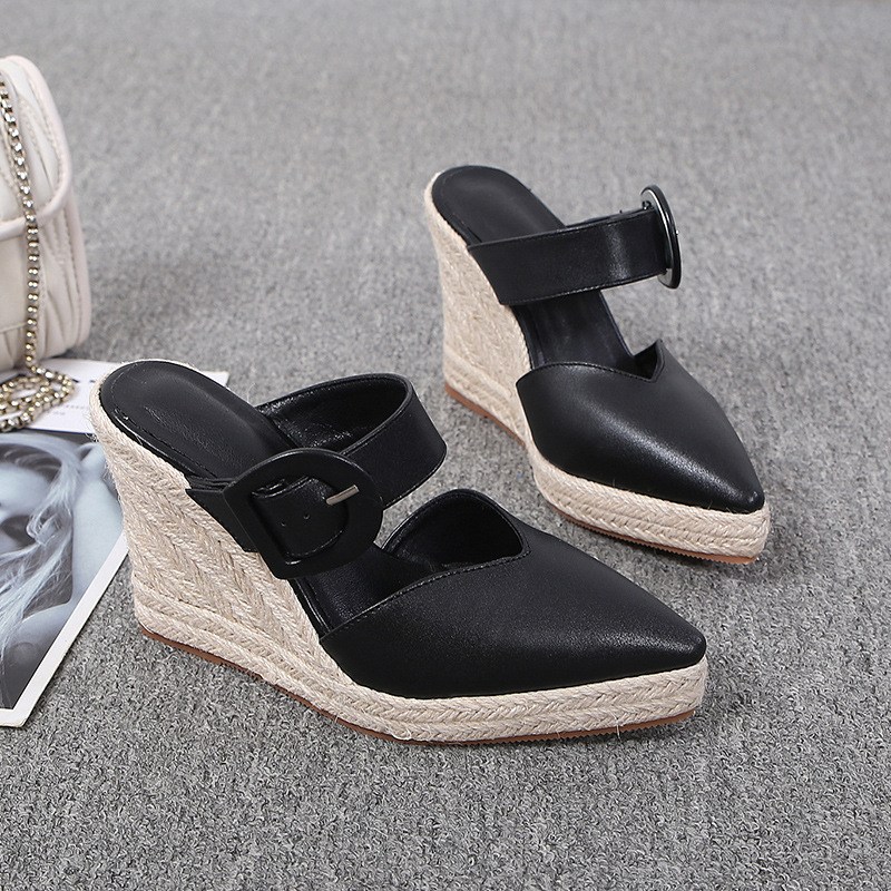 (image for) Pointed-toe espadrille wedge mule with bold buckle
