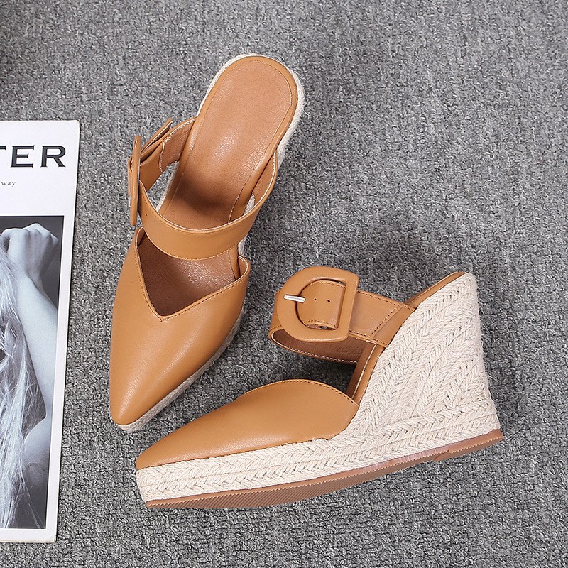 (image for) Pointed-toe espadrille wedge mule with bold buckle