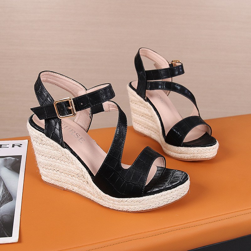 (image for) Croc-embossed espadrille wedge sandal with cross straps