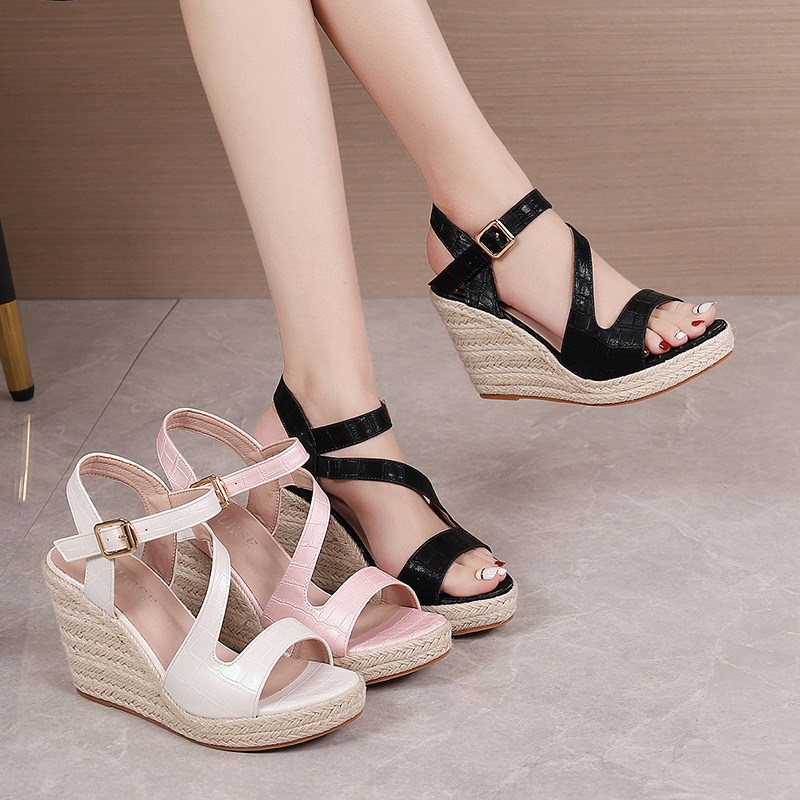 (image for) Croc-embossed espadrille wedge sandal with cross straps