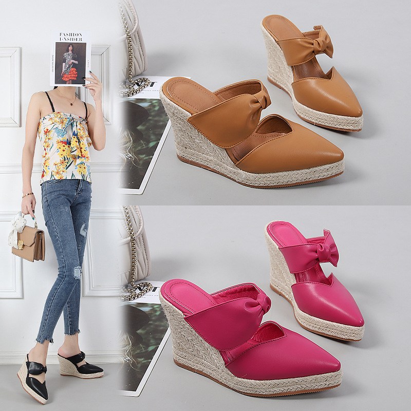 (image for) Pointed-toe espadrille wedge mule with bow