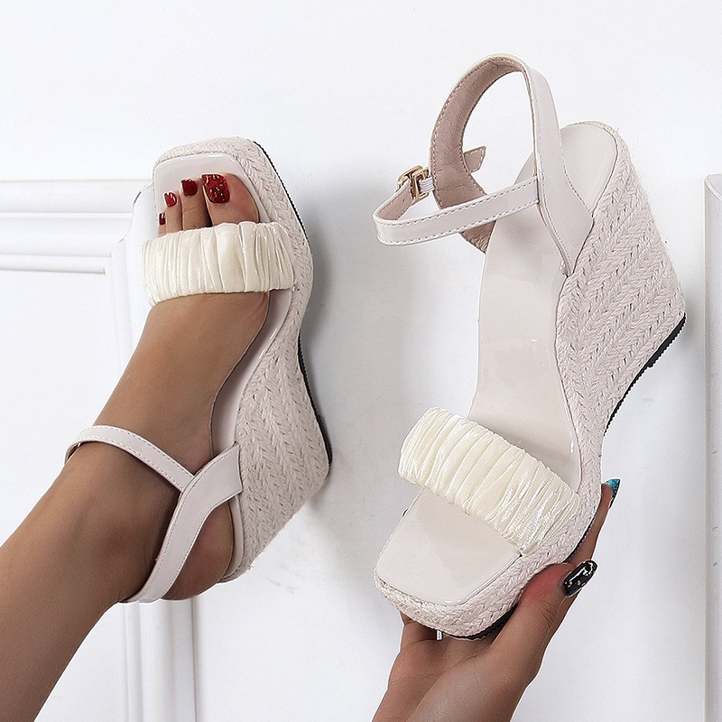 (image for) Ruched-strap espadrille wedge sandal with ankle buckle