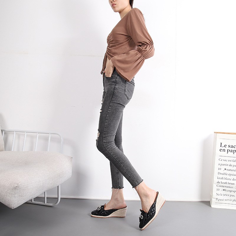 (image for) Quilted espadrille-wedge mule with jeweled bow
