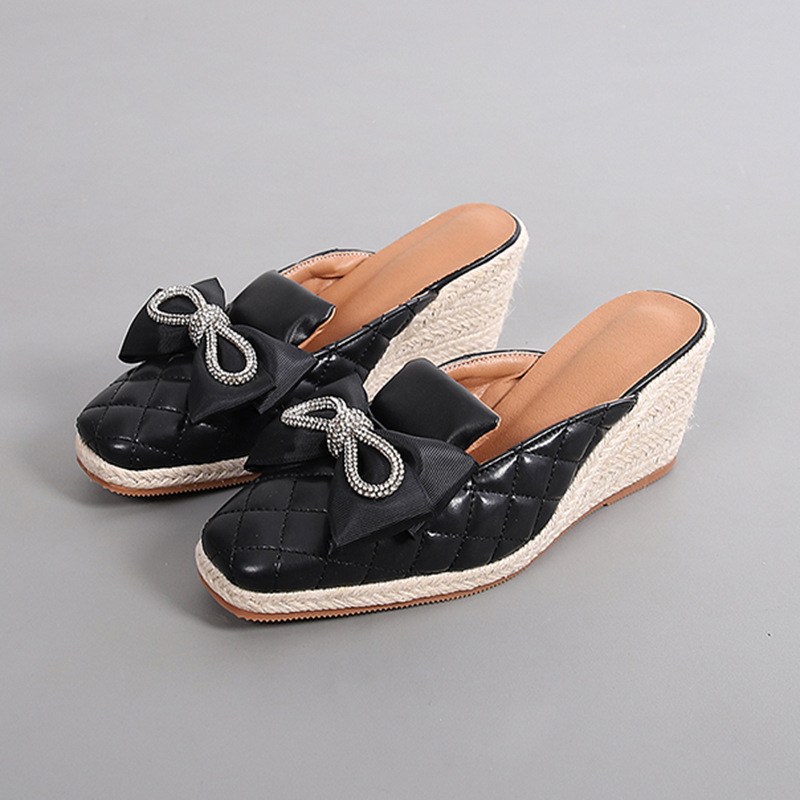 (image for) Quilted espadrille-wedge mule with jeweled bow