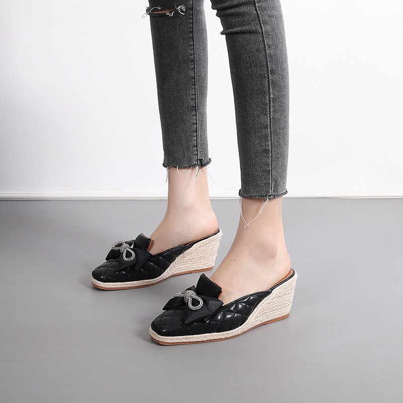 (image for) Quilted espadrille-wedge mule with jeweled bow