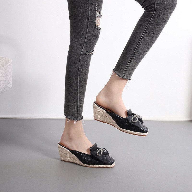 (image for) Quilted espadrille-wedge mule with jeweled bow