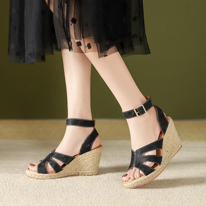 Ankle-strap espadrille wedge with cutout upper (image for) Ankle-strap espadrille wedge with cutout upper