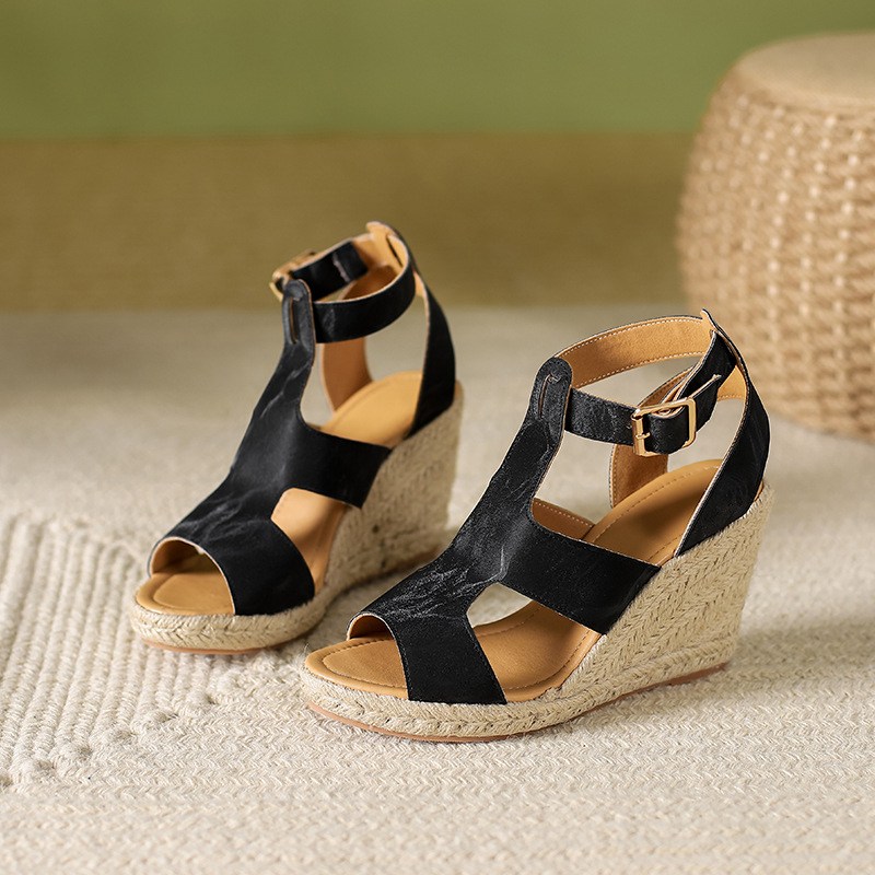 (image for) Espadrille wedge sandal with T-strap and ankle buckle