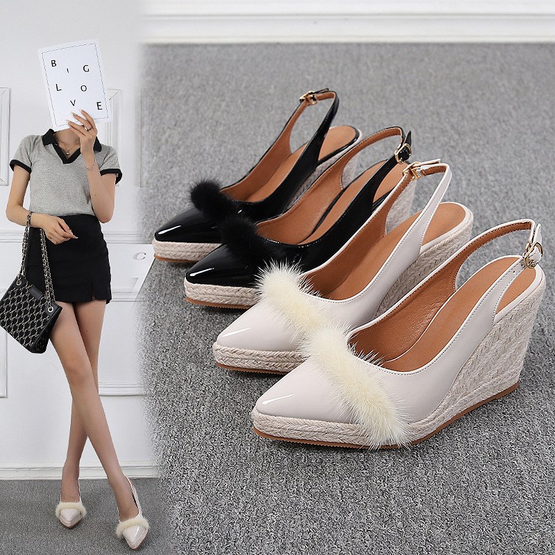 (image for) Pointed-toe patent-look slingback espadrille wedge with faux-fur trim