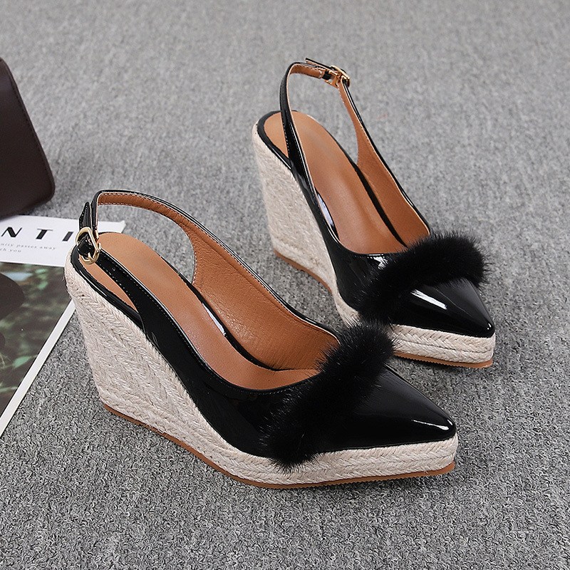 (image for) Pointed-toe patent-look slingback espadrille wedge with faux-fur trim