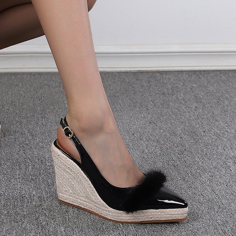 (image for) Pointed-toe patent-look slingback espadrille wedge with faux-fur trim