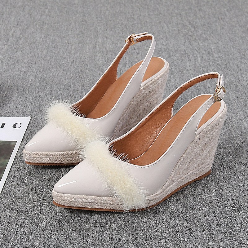 Pointed-toe patent-look slingback espadrille wedge with faux-fur trim (image for) Pointed-toe patent-look slingback espadrille wedge with faux-fur trim