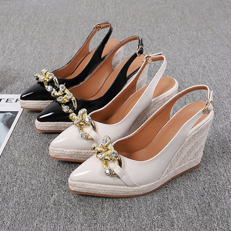 Pointed-toe espadrille wedges with jeweled chain slingback (image for) Pointed-toe espadrille wedges with jeweled chain slingback