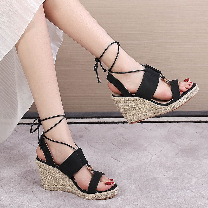 (image for) Espadrille wedge sandal with wide straps and ankle wrap