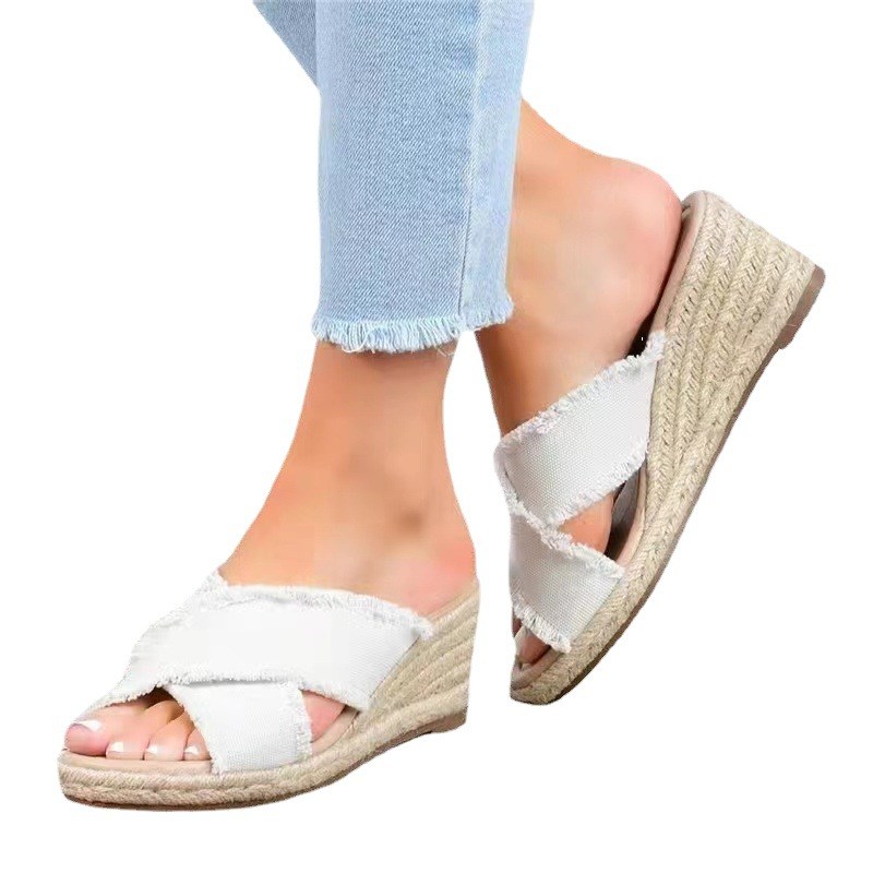 (image for) Frayed crossover espadrille wedge slide for quick on-and-off wear