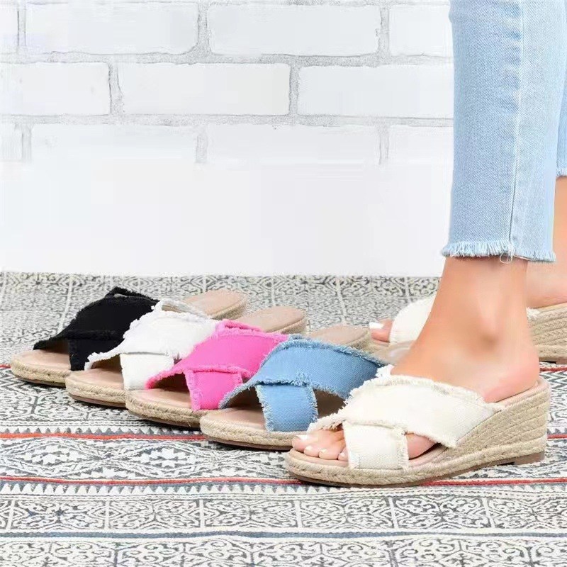 (image for) Frayed crossover espadrille wedge slide for quick on-and-off wear
