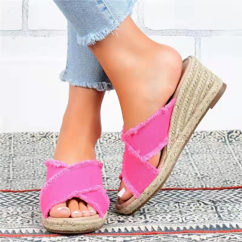 (image for) Frayed crossover espadrille wedge slide for quick on-and-off wear