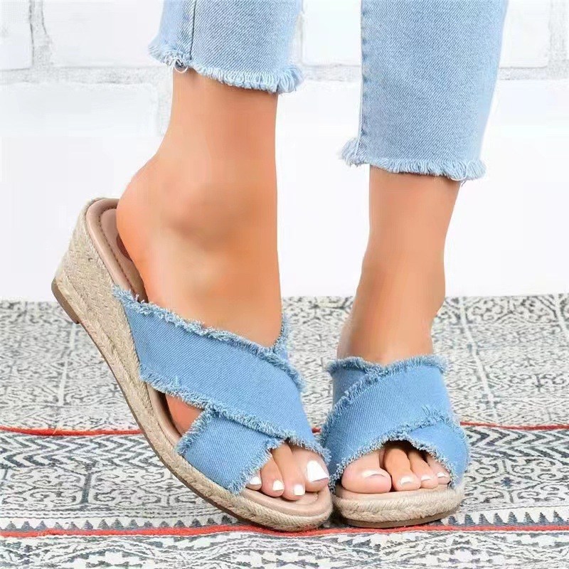 (image for) Frayed crossover espadrille wedge slide for quick on-and-off wear