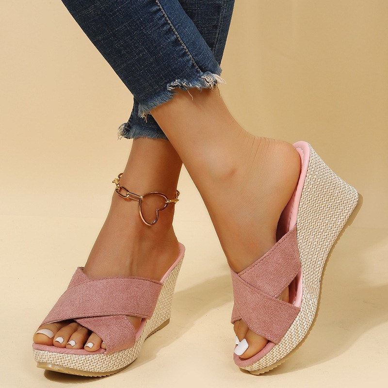 (image for) Espadrille-style wedge mule with crossed bands and easy platform