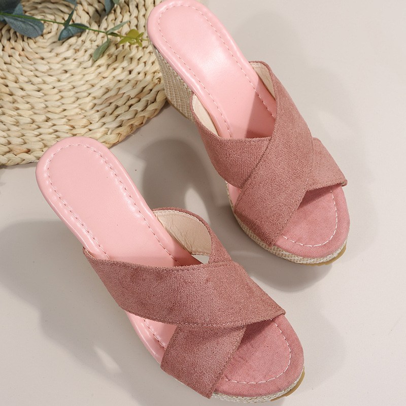 (image for) Espadrille-style wedge mule with crossed bands and easy platform