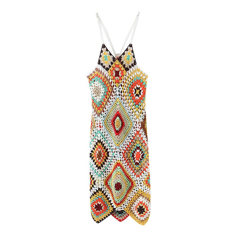 (image for) Crochet Diamond-Pattern Slip Dress with Thin Straps