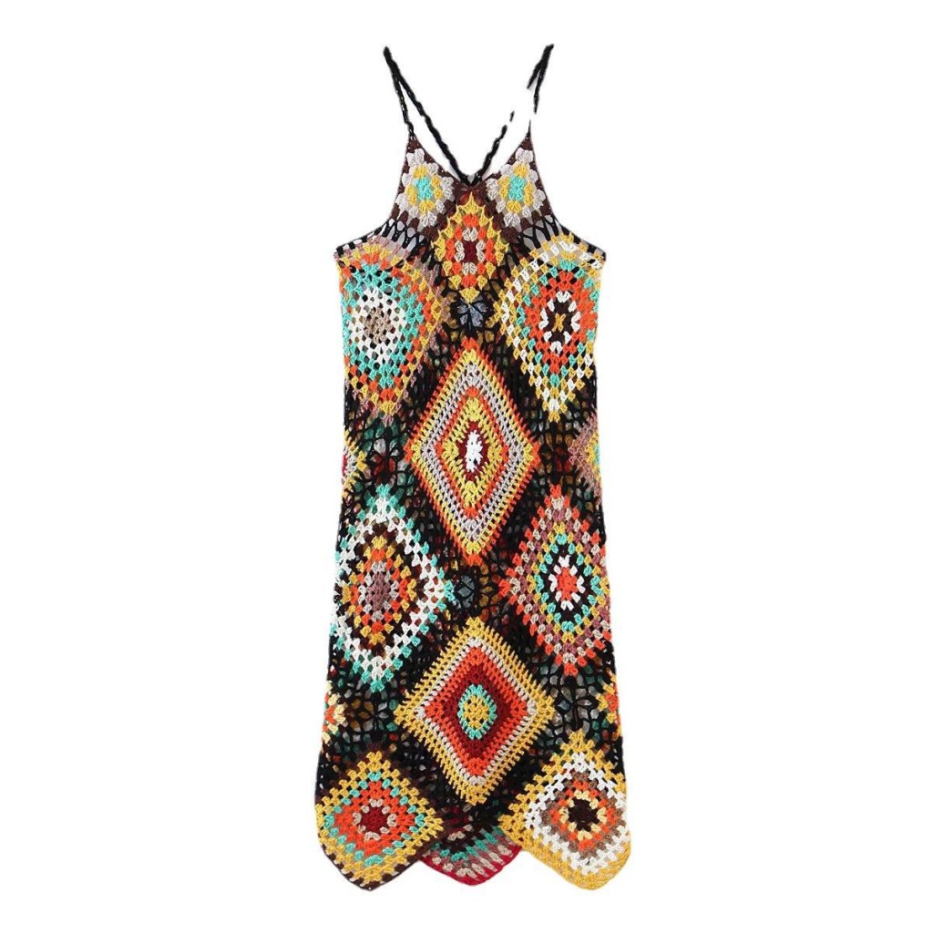 (image for) Crochet Diamond-Pattern Slip Dress with Thin Straps