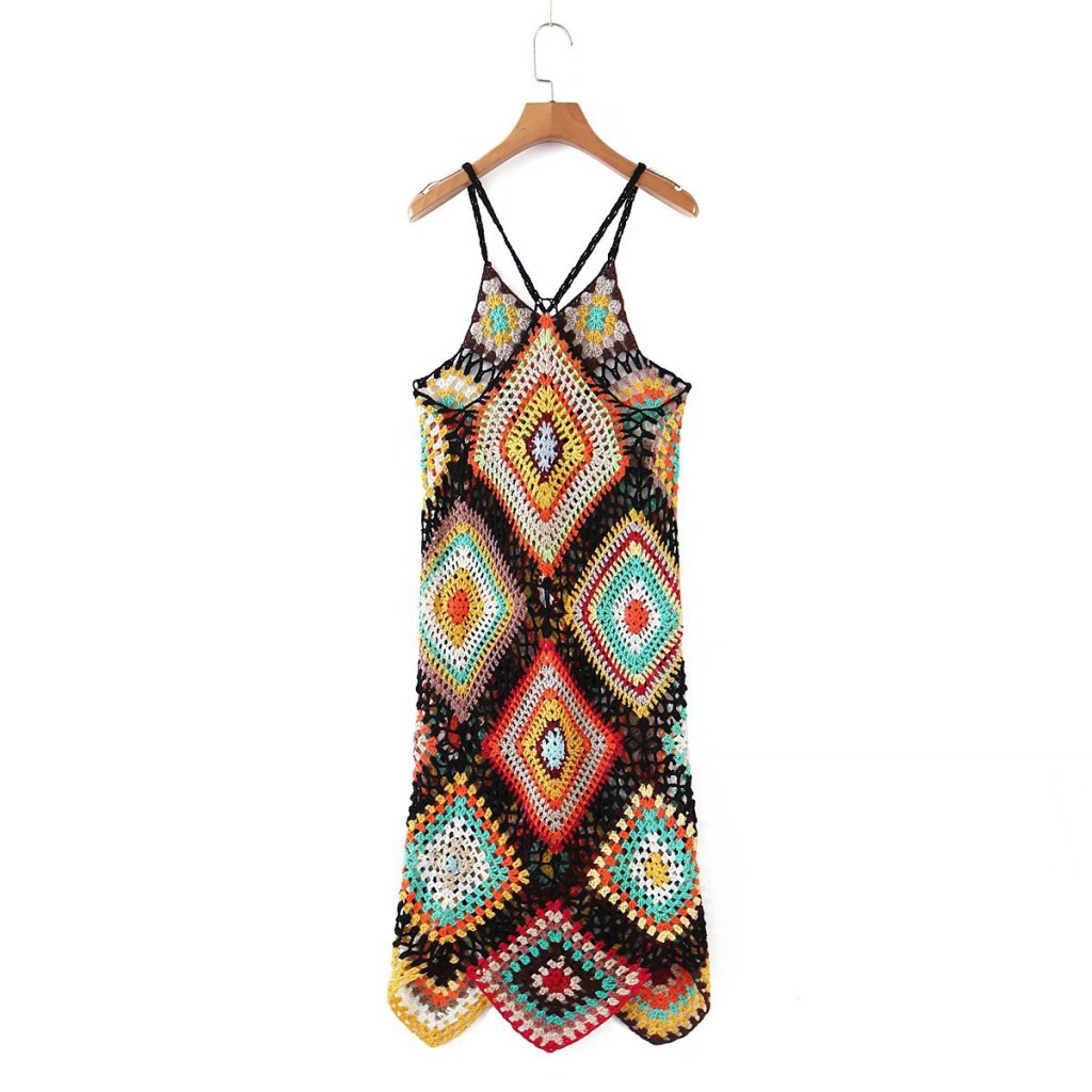 (image for) Crochet Diamond-Pattern Slip Dress with Thin Straps