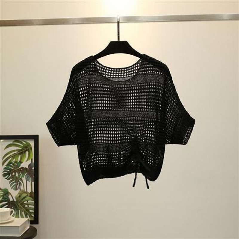 (image for) Open-knit cropped top with drawstring