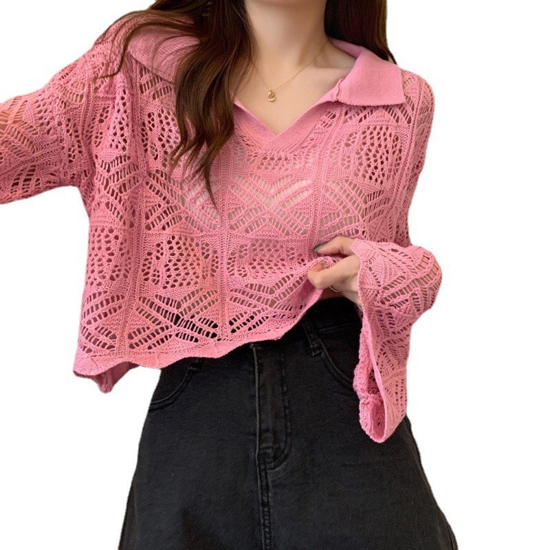 (imagen de) Jersey calado corto con cuello polo y manga ancha