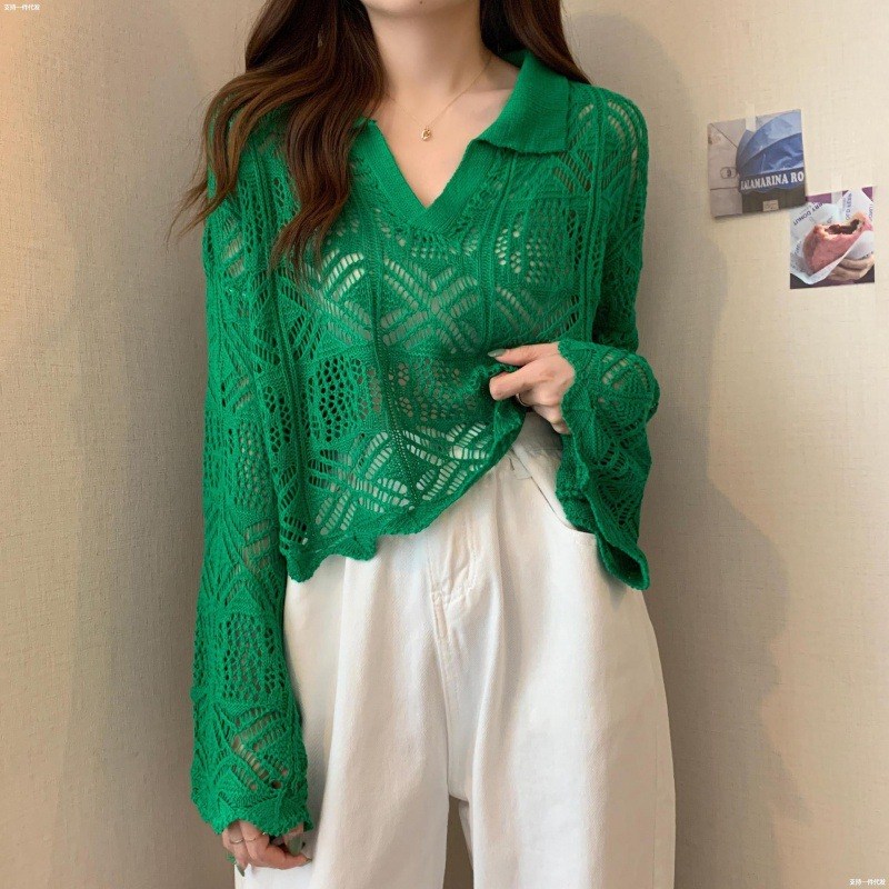 (imagen de) Jersey calado corto con cuello polo y manga ancha
