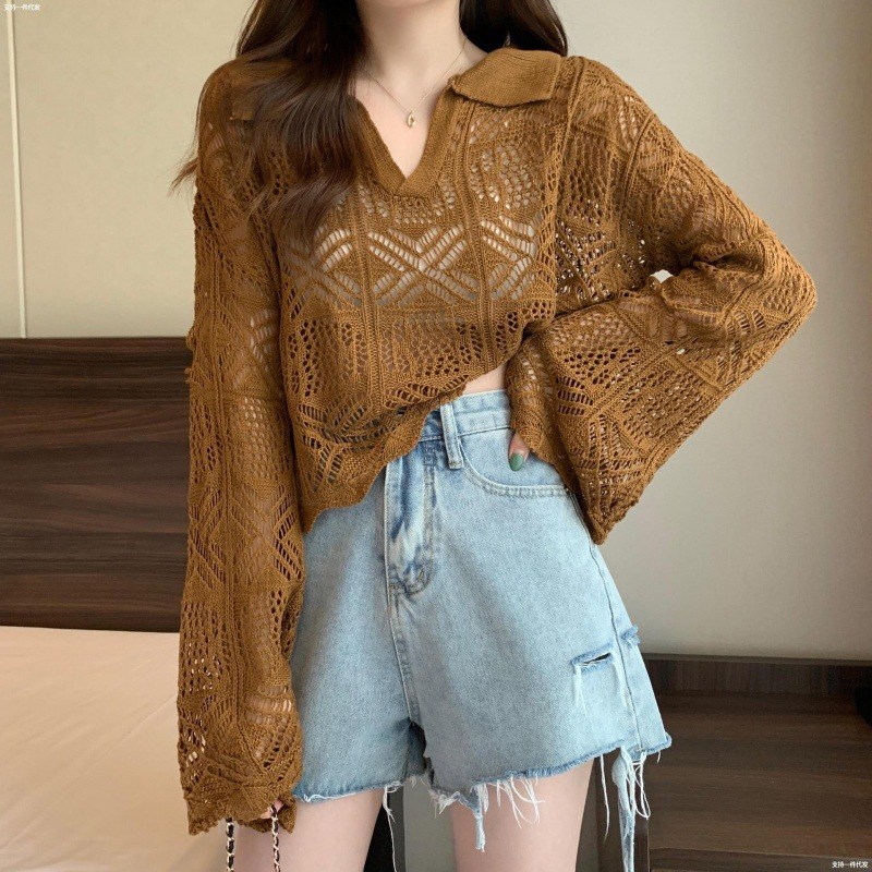 (image for) Open-knit Polo-collar Sweater with Wide Sleeves