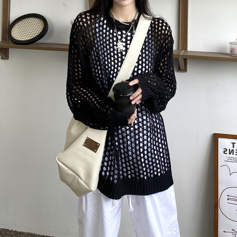 (image for) Oversized Open-Knit Sweater with Ribbed Trim