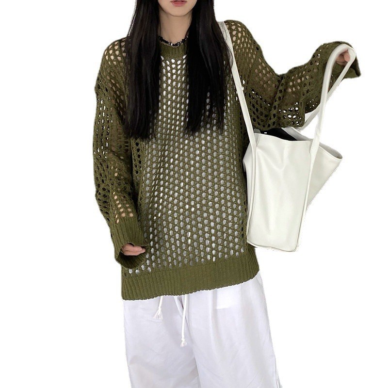 (image for) Oversized Open-Knit Sweater with Ribbed Trim