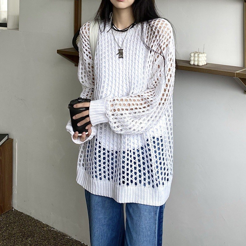 (image for) Oversized Open-Knit Sweater with Ribbed Trim