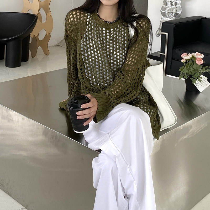 (image for) Oversized Open-Knit Sweater with Ribbed Trim
