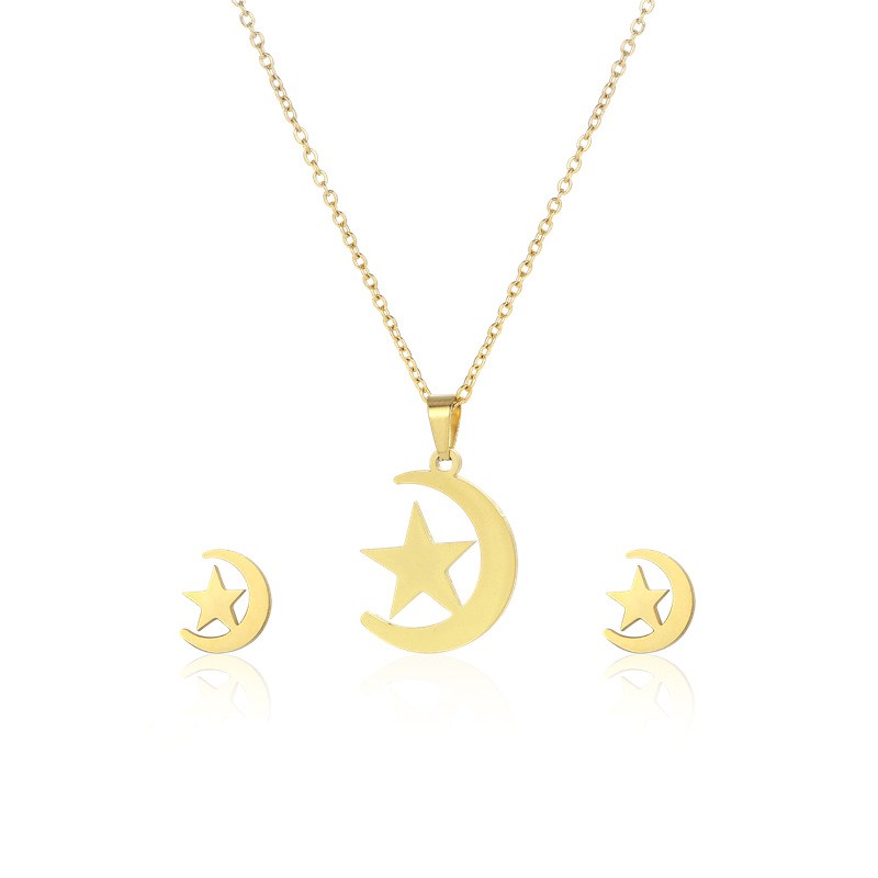 (imagen de) Conjunto de collar y pendientes luna y estrella dorado